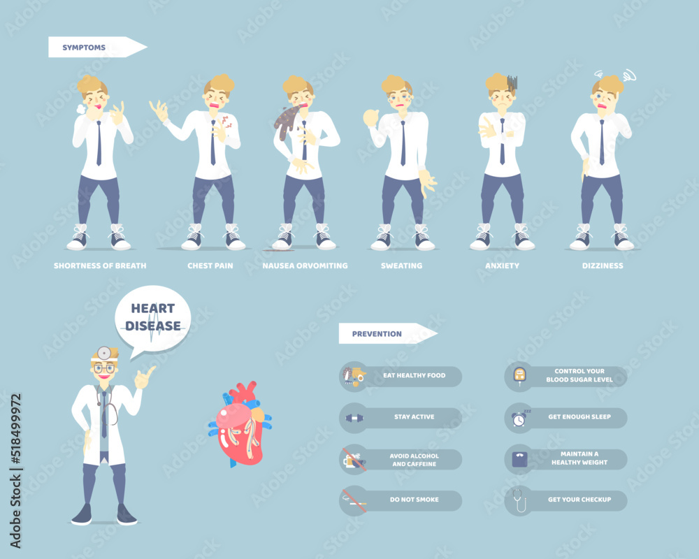 doctor and man with heart failure, attack disease, symptoms and prevention, medical internal organs anatomy, health care, world heart day concept, flat vector illustration cartoon design infographic doctor and man with heart failure, attack disease, symptoms and prevention, medical internal organs anatomy, health care, world heart day concept, flat vector illustration cartoon design infographic