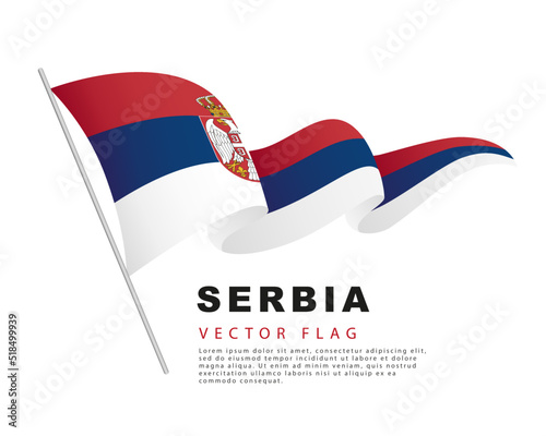 The flag of Serbia hangs on a flagpole and flutters in the wind. Vector illustration isolated on white background. 