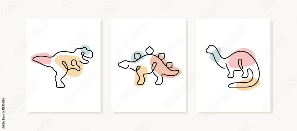 Fototapeta premium Dinosaurs one line posters. Tyrannosaurus, Stegosaurus, Brontosaurus artistic illustrations.