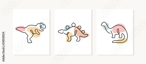 Dinosaurs one line posters. Tyrannosaurus, Stegosaurus, Brontosaurus artistic illustrations.