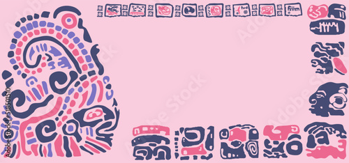 Frame of symbols, letters, masks and images of the ancient Mayan and Toltec civilizations