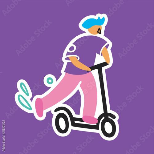 The guy on the scooter pushes off with his foot. Delivery boy. Urban, vector illustration, sticker, doodle, cartoon style. Electric scooter.