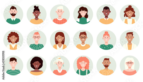Set of circle face avatar. Collection of multiracial male and female portraits for profile icons.