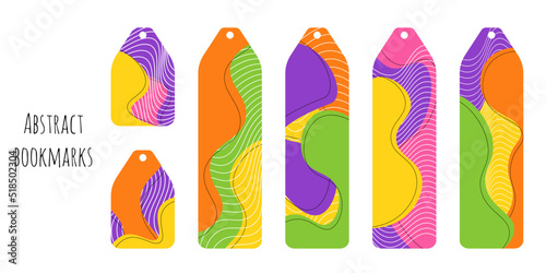 Set of 6 bookmarks with colorful spots and decorative elements. Bookmark templates for reading. Minimalistic design. Line geometric elements. Bright and positive colors. Isolated on white background.