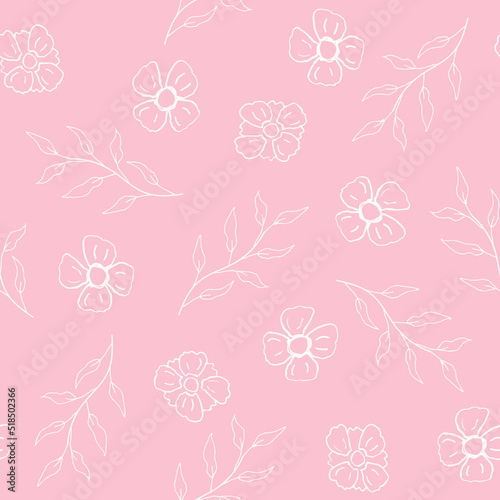 Seamless square pattern with white plants and flowers in minimalist style on pink background. Linear illustration. Background for printing, fabric, decorative tape and decoration.