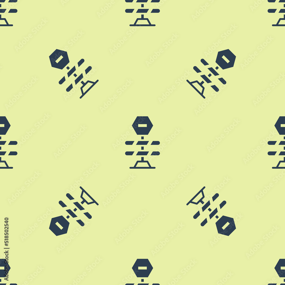 Blue Road barrier icon isolated seamless pattern on yellow background. Symbol of restricted area which are in under construction processes. Repair works. Vector Blue Road barrier icon isolated seamless pattern on yellow background. Symbol of restricted area which are in under construction processes. Repair works. Vector