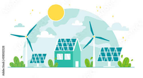 Renewable, sustainable and energy source. Wind mills, solar panels and house station. Green energy and ecology concept.