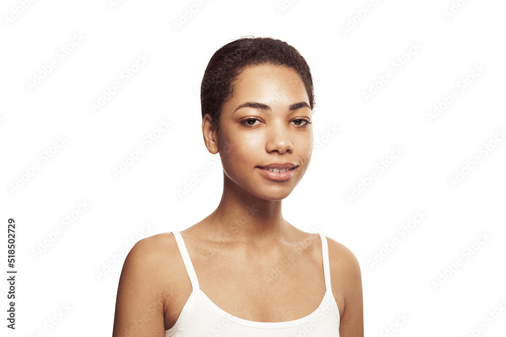 Portrait of happy smiling young black woman isolated on white background Portrait of happy smiling young black woman isolated on white background