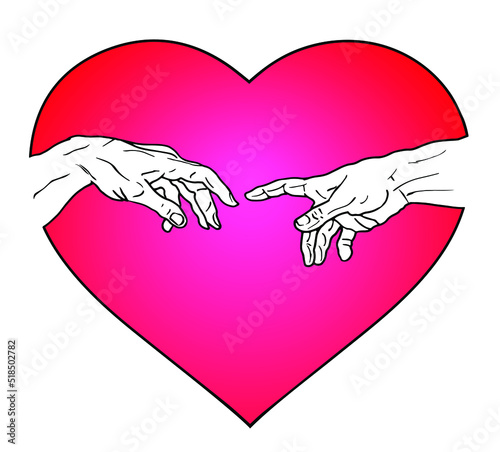 Vector hand drawn illustration of hands reaching inside a big red heart shape and isolated on white background.
