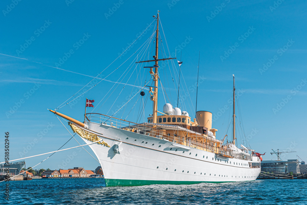 Royal Yacht Dannebrog, old ship of the Danish Queen in the harbour, serves as the official and private residence for the Queen and other members of the Royal Family - obrazy, fototapety, plakaty 