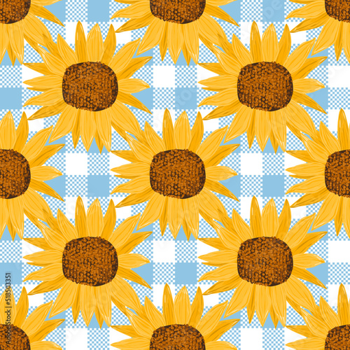 Seamless pattern with sunflowers on plaid background. Wrapping paper pattern. Watercolor vector.