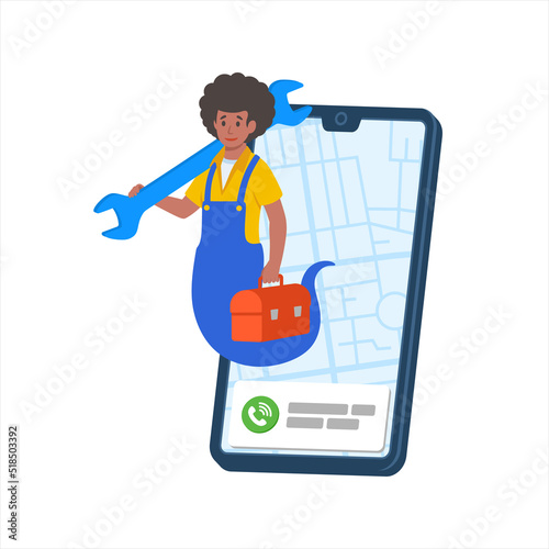 Afro black repair woman online service mobile application vector illustration