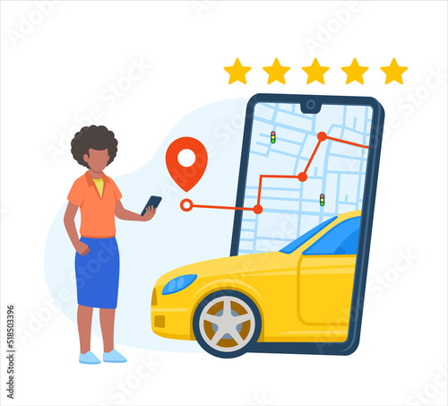 Afro black woman online taxi application service vector illustration