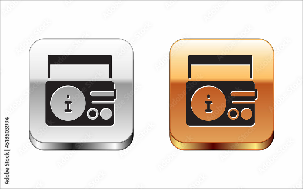 Black News on radio channel icon isolated on white background. Silver and gold square buttons. Vector Black News on radio channel icon isolated on white background. Silver and gold square buttons. Vector
