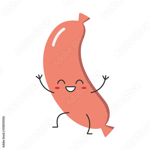 Sausage cartoon character cute cheerful greeting smiling face happy joy emotions icon fast food vector illustration.