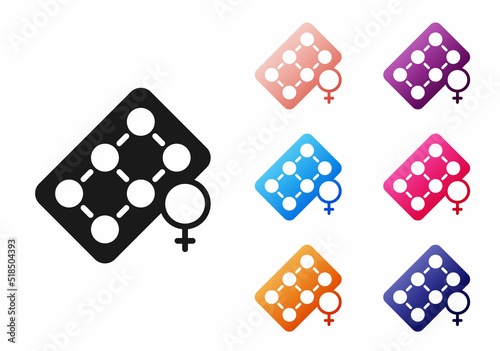 Black Packaging of birth control pills icon isolated on white background. Contraceptive pill. Set icons colorful. Vector