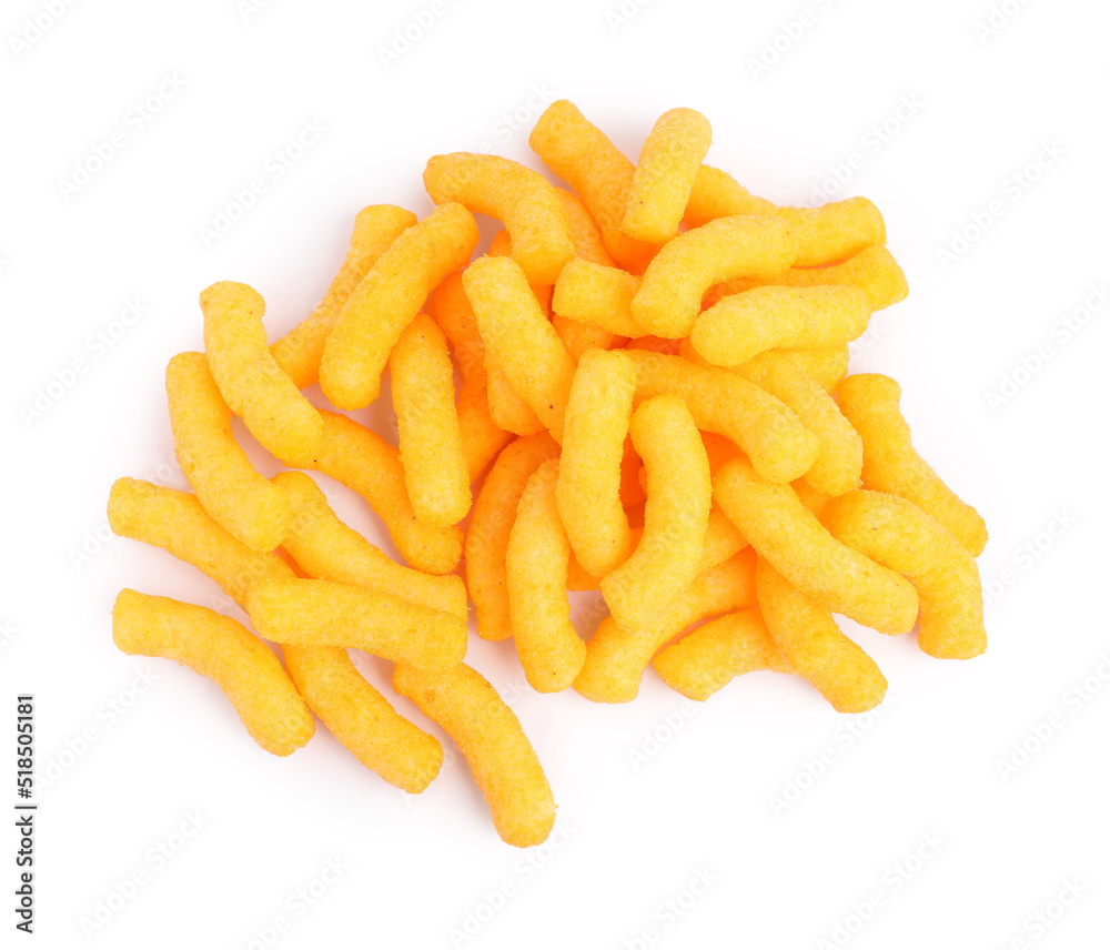Many tasty cheesy corn puffs isolated on white, top view Many tasty cheesy corn puffs isolated on white, top view
