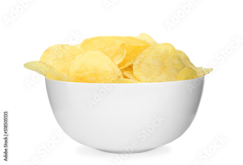 Bowl of tasty potato chips on white background