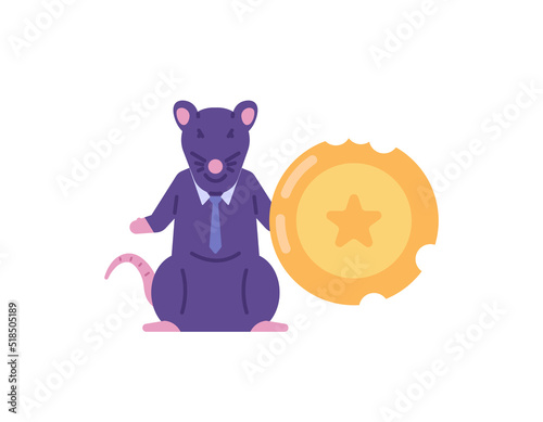 the concept of a criminal or corrupt. a mouse eats coins. mertapora perpetrators of corruption or consuming people's money. political. flat cartoon illustration. vector design