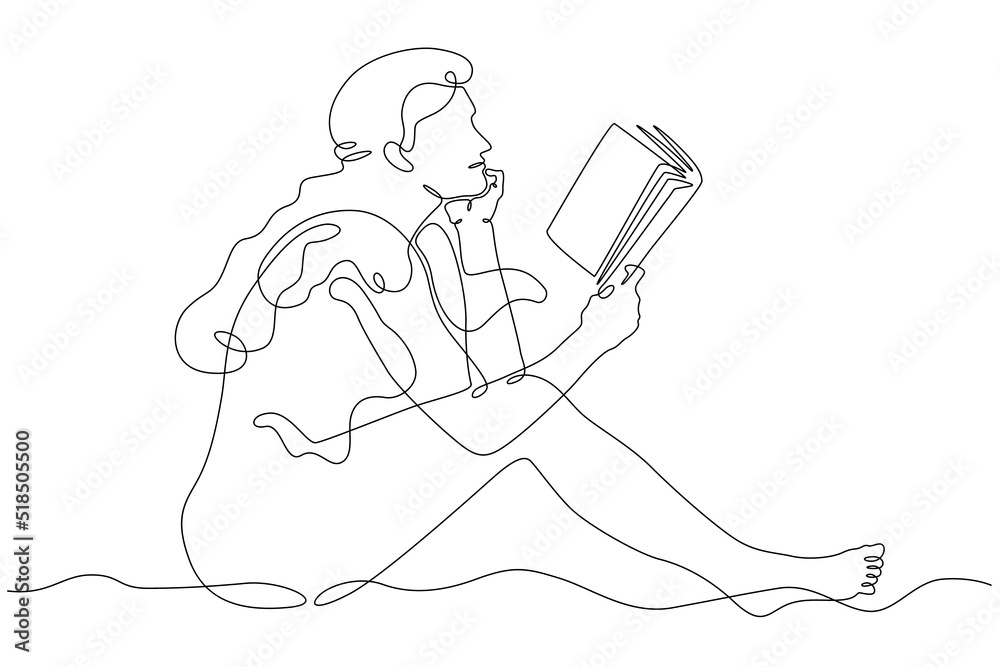 A woman is reading a book. The female character is reading. Student with a textbook.Education and knowledge. Open book.