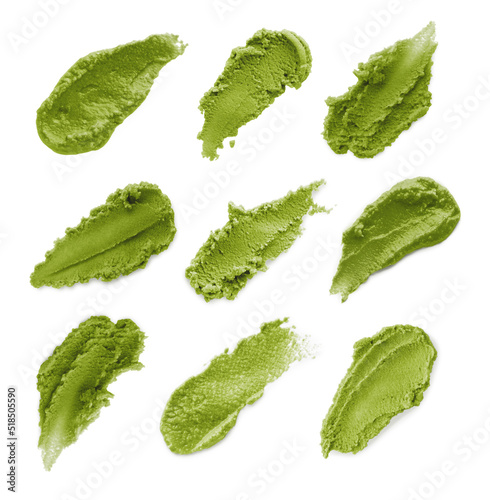 Wallpaper Mural Set with spicy wasabi paste on white background, top view