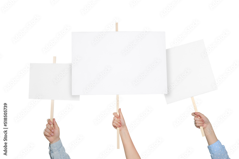 Group of people holding blank protest signs on white background, closeup Group of people holding blank protest signs on white background, closeup