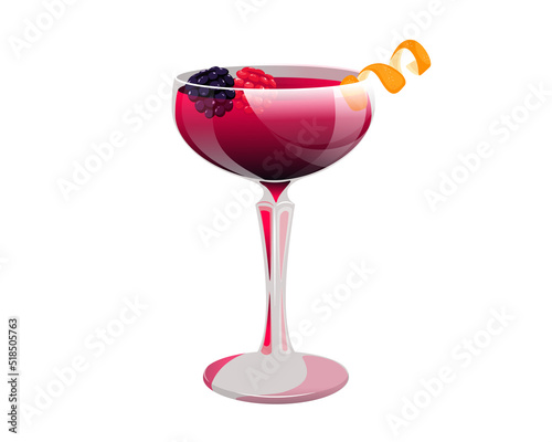 Cocktail with raspberries and blackberries.Summer refreshing berry cocktail in a tall glass.Vector illustration isolated on a white background.