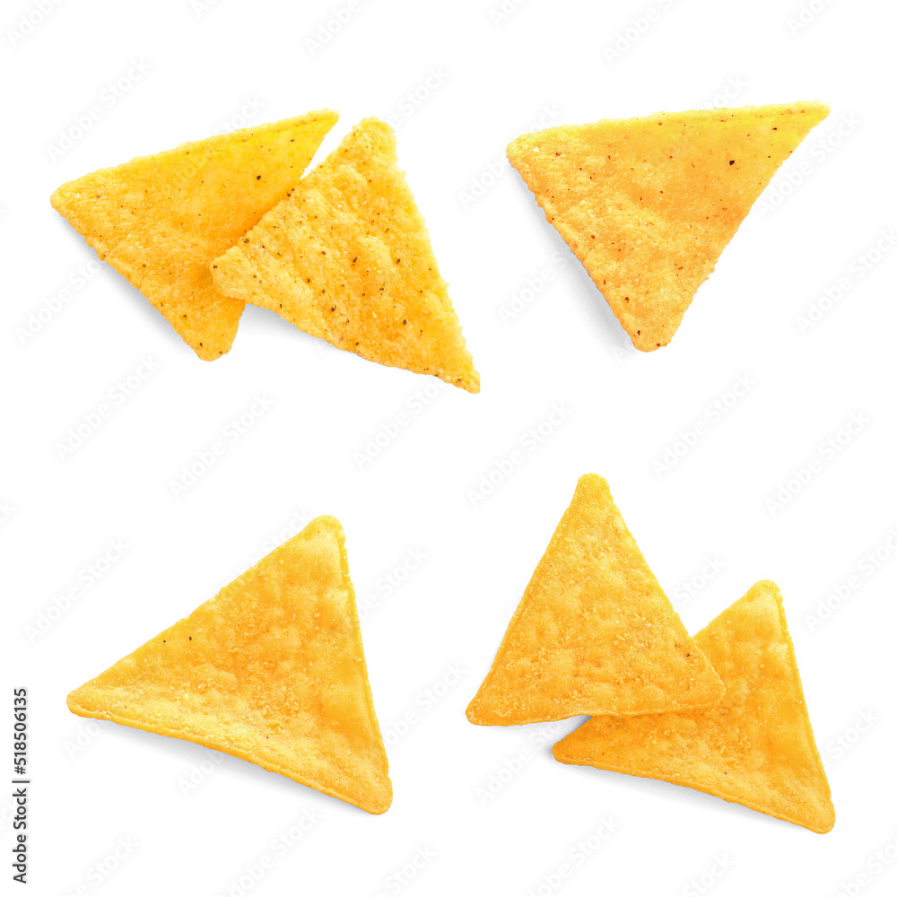 Set with tasty tortilla chips (nachos) on white background, top view Set with tasty tortilla chips (nachos) on white background, top view