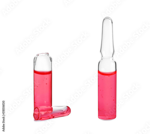 Glass ampoules with pharmaceutical products on white background, collage