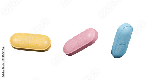 Colourfull pills isolated on white background. Medicines, tablets and pharmacy. Cut out. Health, healthcare concept. 3d rendering.