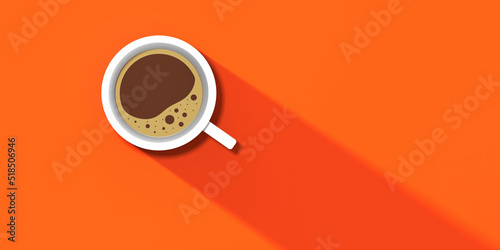 a white cup of coffee on orang background. long shadow from cup. invigorating drink. horizontal image. Banner for insertion into site. Place for text cope space. 3D image. 3D rendering.