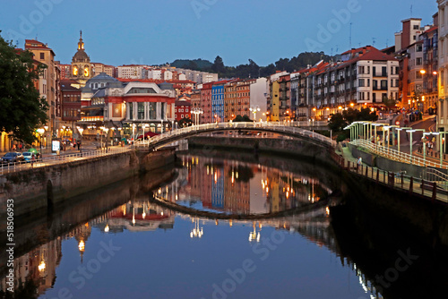 View of the old town and river of Bilbao during the blue hour