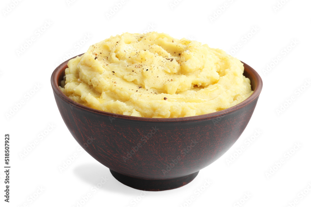 Bowl of tasty mashed potatoes with black pepper isolated on white Bowl of tasty mashed potatoes with black pepper isolated on white