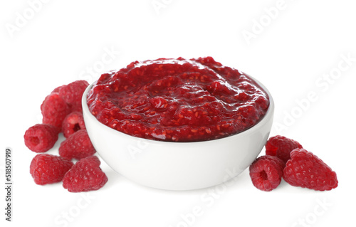 Wallpaper Mural Raspberry puree in bowl and fresh berries on white background Torontodigital.ca