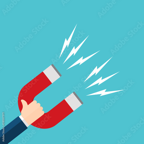 Hand of a businessman with magnet. Business concept of the attraction of money, customers and investment. Vector illustration