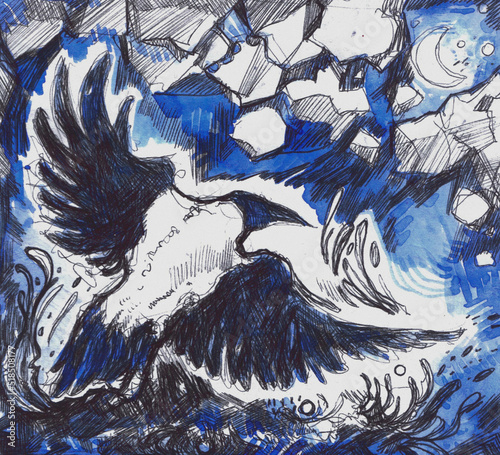 Crow or raven. Flying bird, beautiful wings, gothic art.
