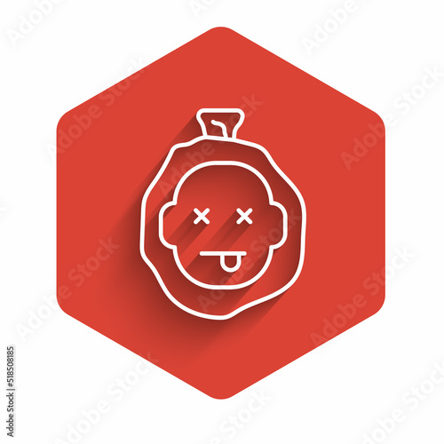 White line Murder icon isolated with long shadow. Body, bleeding, corpse, bleeding icon. Dead head. Concept of crime scene. Red hexagon button. Vector