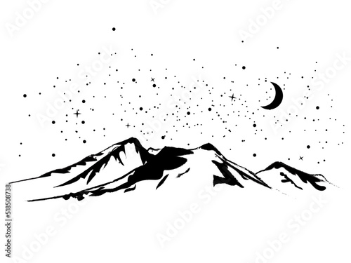 Mountain silhouette with stars and moon nature landscape travel emblem sketch hills illustration