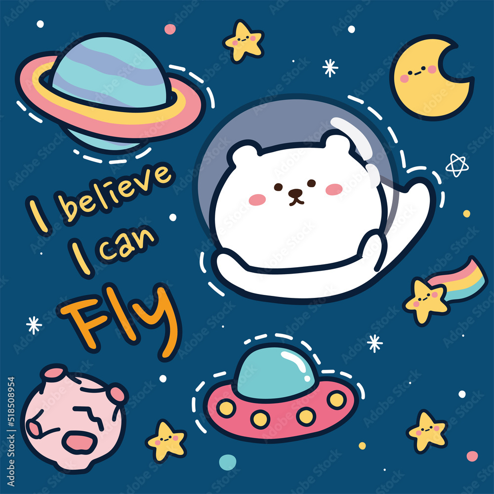 Cute white bear in space. Cartoon character hand drawn. Animal doodle.  Graphic design. Image for kid product, sticker, card, wallpaper. Kawaii.  Vector. Illustration. Stock Vector | Adobe Stock