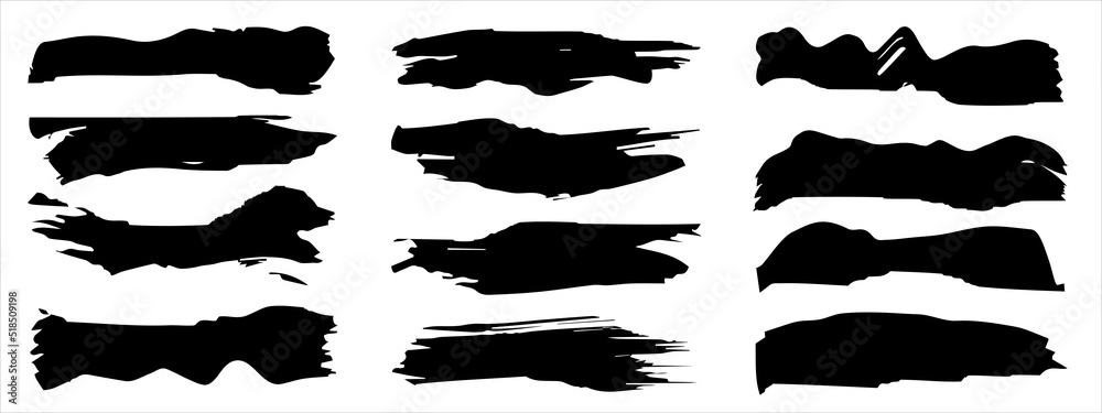 Vector collection of artistic grungy black paint hand made creative brush stroke set isolated on banner background. A group of abstract grunge sketches for design education or graphic art decoration Vector collection of artistic grungy black paint hand made creative brush stroke set isolated on banner background. A group of abstract grunge sketches for design education or graphic art decoration
