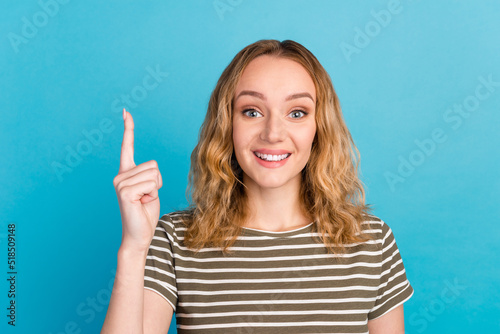 Photography Inspired woman point finger up genius idea surprised invented smart solution wea