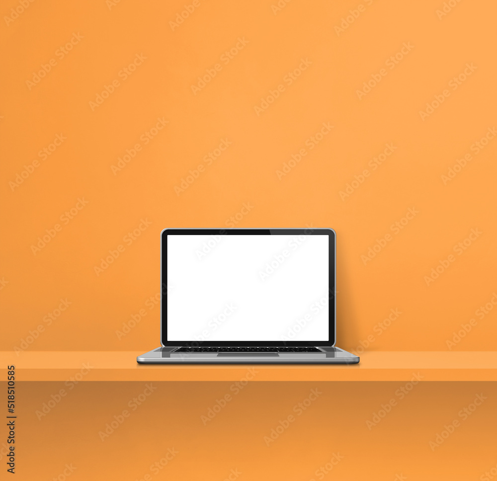 Laptop computer on orange shelf. Square background Laptop computer on orange shelf. Square background