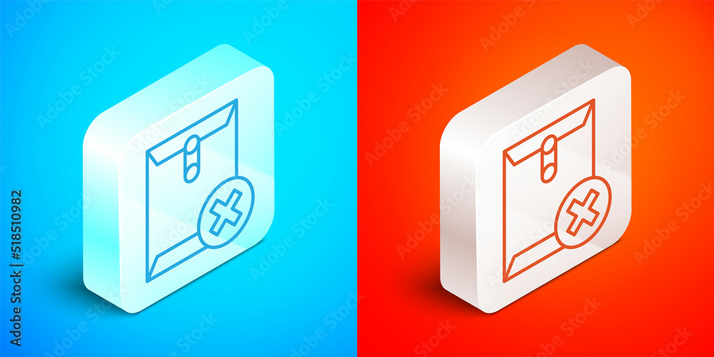Isometric line Delete envelope icon isolated on blue and red background. Delete or error letter. Cross on message. Rejected mail. Silver square button. Vector Isometric line Delete envelope icon isolated on blue and red background. Delete or error letter. Cross on message. Rejected mail. Silver square button. Vector