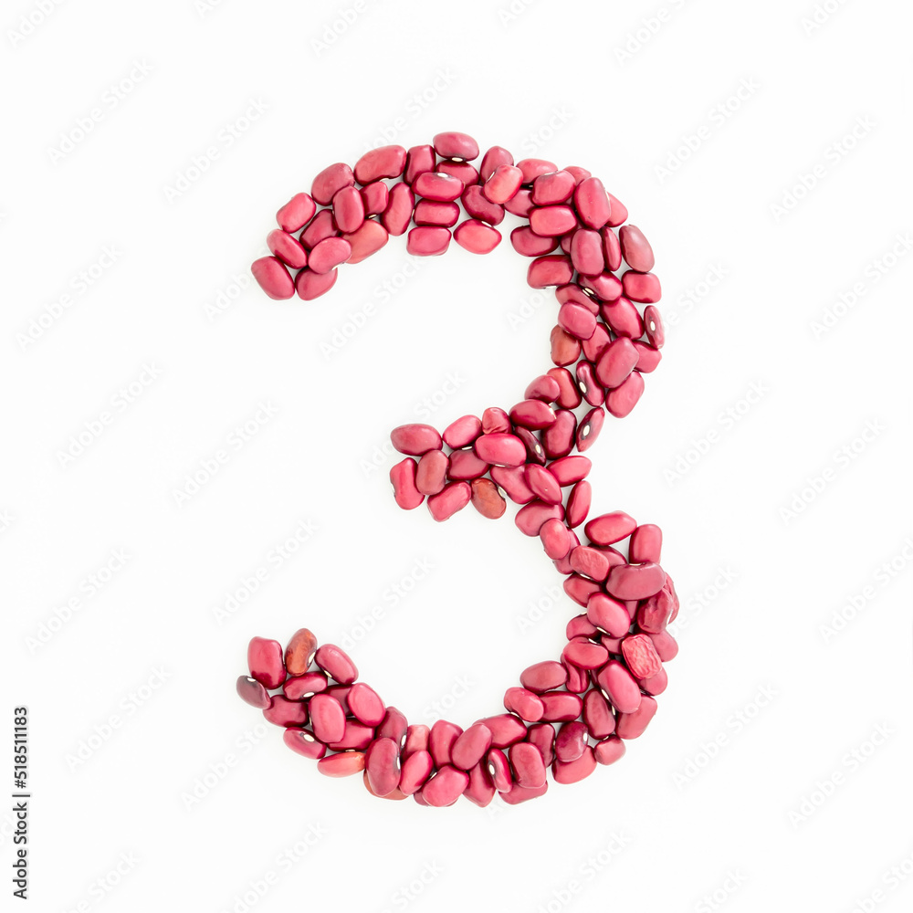 Number 3 from red kidney beans. Bean font. White background. Bright font for menu or food blog. Lettering design element. Initial cap Number 3 from red kidney beans. Bean font. White background. Bright font for menu or food blog. Lettering design element. Initial cap