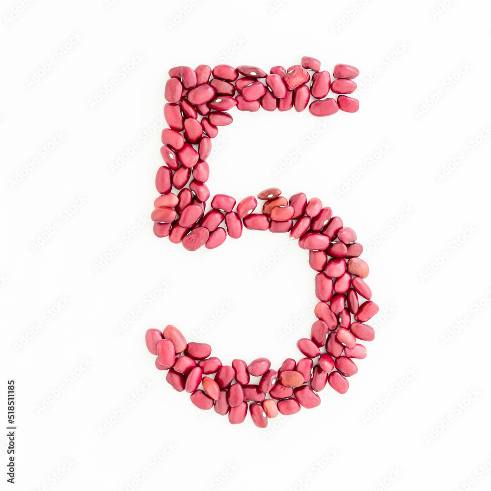 Number 5 from red kidney beans. Bean font. White background. Bright font for menu or food blog. Lettering design element. Initial cap Number 5 from red kidney beans. Bean font. White background. Bright font for menu or food blog. Lettering design element. Initial cap