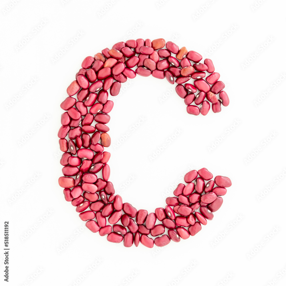 Capital letter C from red kidney beans. Beans font. White background. Bright font for menu or food blog. Lettering design element. Initial cap Capital letter C from red kidney beans. Beans font. White background. Bright font for menu or food blog. Lettering design element. Initial cap