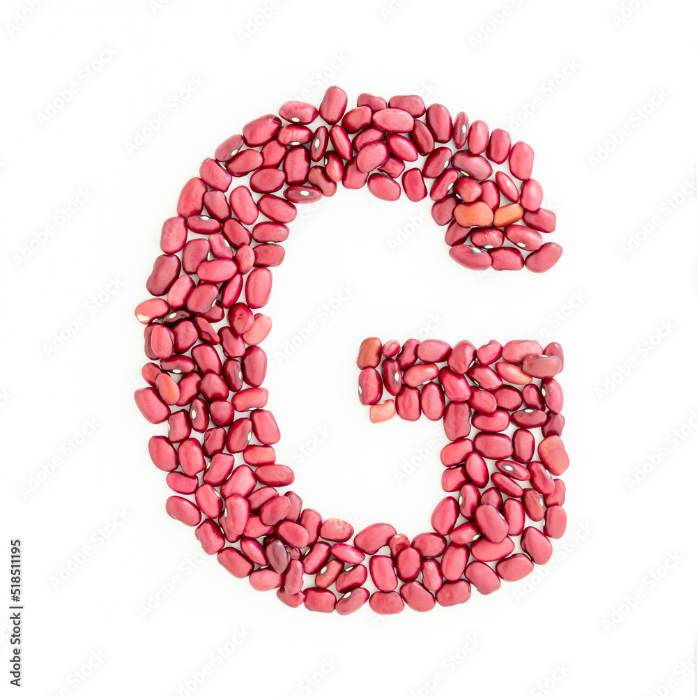 Capital letter G from red kidney beans. Beans font. White background. Bright font for menu or food blog. Lettering design element. Initial cap