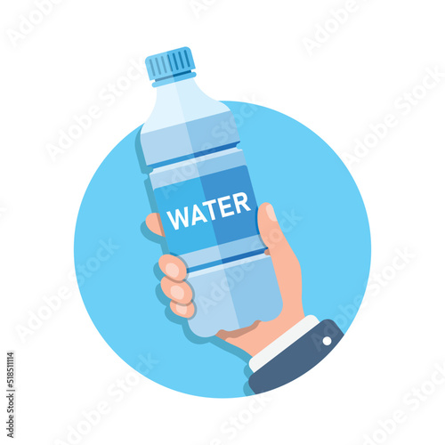Water bottle in hand icon in flat style. Fitness drink vector illustration on isolated background. Healthy beverage sign business concept.