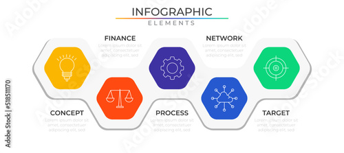 Polygonal infographic elements concept design vector with icons. Business workflow network project template for presentation and report.