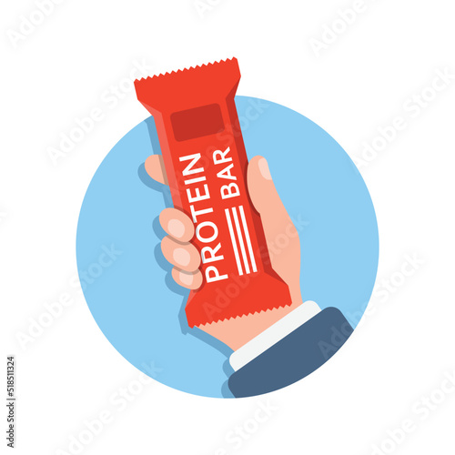Protein bar in hand illustration in flat style. Fitness dessert vector illustration on isolated background. Energy nutrient sign business concept.